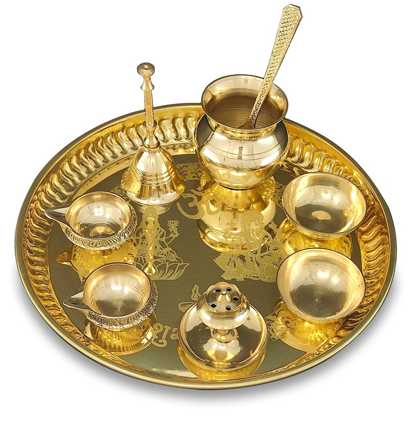 BENGALEN Pooja Thali Set Brass 8 Inch with Pital Accessories Plate, Kuber Diya, Ghanti, Kalash, Spoon, Bowl, Agarbatti Stand for Puja, Diwali, Home, Office, Wedding Gift Items - Image 4